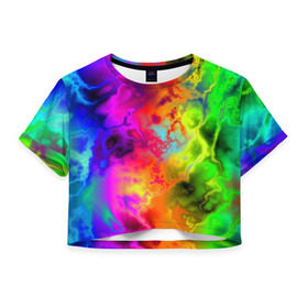 Женская футболка 3D укороченная с принтом Красочное безумие в Белгороде, 100% полиэстер | круглая горловина, длина футболки до линии талии, рукава с отворотами | кислота | радуга | разноцветный | яркий