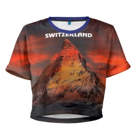 Женская футболка 3D укороченная с принтом Швейцария в Белгороде, 100% полиэстер | круглая горловина, длина футболки до линии талии, рукава с отворотами | switzerland | альпы | горы | заграница | отдых | отпуск | туризм | турист