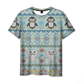 Мужская футболка 3D с принтом Детский вязаный узор в Белгороде, 100% полиэфир | прямой крой, круглый вырез горловины, длина до линии бедер | Тематика изображения на принте: зима | нг | новый год | рождество | свитер | снег