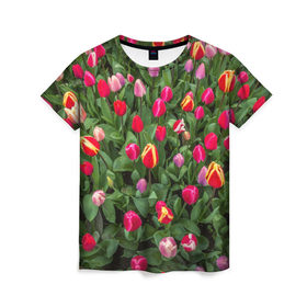 Женская футболка 3D с принтом Тюльпанчики в Белгороде, 100% полиэфир ( синтетическое хлопкоподобное полотно) | прямой крой, круглый вырез горловины, длина до линии бедер | зеленый | поле | природа | растения | тюльпаны | цветной | цветы