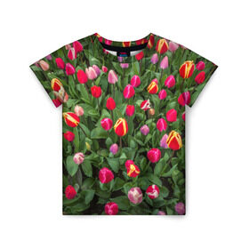 Детская футболка 3D с принтом Тюльпанчики в Белгороде, 100% гипоаллергенный полиэфир | прямой крой, круглый вырез горловины, длина до линии бедер, чуть спущенное плечо, ткань немного тянется | зеленый | поле | природа | растения | тюльпаны | цветной | цветы