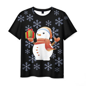 Мужская футболка 3D с принтом Снеговик с подарком в Белгороде, 100% полиэфир | прямой крой, круглый вырез горловины, длина до линии бедер | 2017 | дед мороз | зима | новый год | снеговик