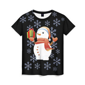 Женская футболка 3D с принтом Снеговик с подарком в Белгороде, 100% полиэфир ( синтетическое хлопкоподобное полотно) | прямой крой, круглый вырез горловины, длина до линии бедер | 2017 | дед мороз | зима | новый год | снеговик
