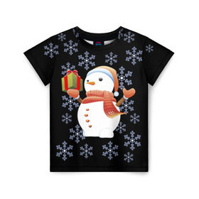 Детская футболка 3D с принтом Снеговик с подарком в Белгороде, 100% гипоаллергенный полиэфир | прямой крой, круглый вырез горловины, длина до линии бедер, чуть спущенное плечо, ткань немного тянется | 2017 | дед мороз | зима | новый год | снеговик