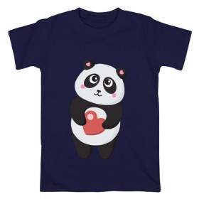 Мужская футболка хлопок с принтом Панда с сердечком в Белгороде, 100% хлопок | прямой крой, круглый вырез горловины, длина до линии бедер, слегка спущенное плечо. | 