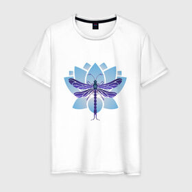 Мужская футболка хлопок с принтом Стрекоза на лотосе в Белгороде, 100% хлопок | прямой крой, круглый вырез горловины, длина до линии бедер, слегка спущенное плечо. | Тематика изображения на принте: лотос | насекомые | стрекоза | цветы