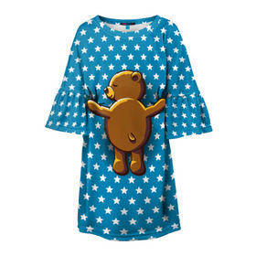 Детское платье 3D с принтом Медвежьи объятия в Белгороде, 100% полиэстер | прямой силуэт, чуть расширенный к низу. Круглая горловина, на рукавах — воланы | Тематика изображения на принте: bear | beast | kid | love | teddy | toy | звезды | зверь | игрушка | любовь | медведь | мишка