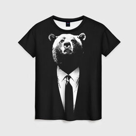 Женская футболка 3D с принтом Медведь бизнесмен в Белгороде, 100% полиэфир ( синтетическое хлопкоподобное полотно) | прямой крой, круглый вырез горловины, длина до линии бедер | Тематика изображения на принте: animal | bear | beast | business | suit | бизнес | джентльмен | животное | зверь | медведь | смокинг