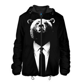 Мужская куртка 3D с принтом Медведь бизнесмен в Белгороде, ткань верха — 100% полиэстер, подклад — флис | прямой крой, подол и капюшон оформлены резинкой с фиксаторами, два кармана без застежек по бокам, один большой потайной карман на груди. Карман на груди застегивается на липучку | animal | bear | beast | business | suit | бизнес | джентльмен | животное | зверь | медведь | смокинг