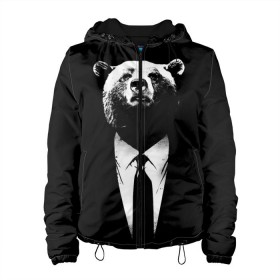 Женская куртка 3D с принтом Медведь бизнесмен в Белгороде, ткань верха — 100% полиэстер, подклад — флис | прямой крой, подол и капюшон оформлены резинкой с фиксаторами, два кармана без застежек по бокам, один большой потайной карман на груди. Карман на груди застегивается на липучку | Тематика изображения на принте: animal | bear | beast | business | suit | бизнес | джентльмен | животное | зверь | медведь | смокинг
