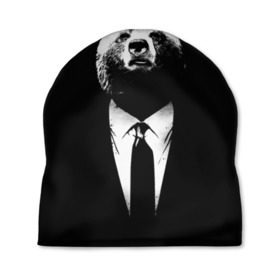 Шапка 3D с принтом Медведь бизнесмен в Белгороде, 100% полиэстер | универсальный размер, печать по всей поверхности изделия | Тематика изображения на принте: animal | bear | beast | business | suit | бизнес | джентльмен | животное | зверь | медведь | смокинг