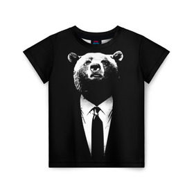 Детская футболка 3D с принтом Медведь бизнесмен в Белгороде, 100% гипоаллергенный полиэфир | прямой крой, круглый вырез горловины, длина до линии бедер, чуть спущенное плечо, ткань немного тянется | Тематика изображения на принте: animal | bear | beast | business | suit | бизнес | джентльмен | животное | зверь | медведь | смокинг