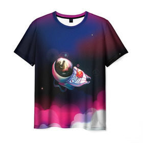 Мужская футболка 3D с принтом Ёжик в космосе в Белгороде, 100% полиэфир | прямой крой, круглый вырез горловины, длина до линии бедер | в тумане | еж