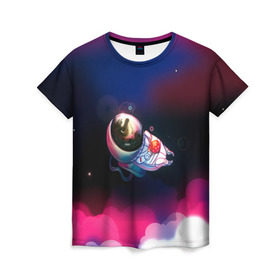 Женская футболка 3D с принтом Ёжик в космосе в Белгороде, 100% полиэфир ( синтетическое хлопкоподобное полотно) | прямой крой, круглый вырез горловины, длина до линии бедер | в тумане | еж
