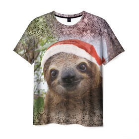 Мужская футболка 3D с принтом Рождественский ленивец в Белгороде, 100% полиэфир | прямой крой, круглый вырез горловины, длина до линии бедер | джунгли | животное | ленивый | лень | новый год | рождество | снег | снежинки | тропики | улыбка | шапка