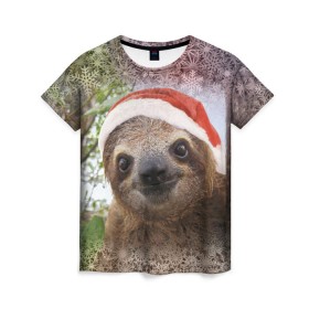 Женская футболка 3D с принтом Рождественский ленивец в Белгороде, 100% полиэфир ( синтетическое хлопкоподобное полотно) | прямой крой, круглый вырез горловины, длина до линии бедер | джунгли | животное | ленивый | лень | новый год | рождество | снег | снежинки | тропики | улыбка | шапка