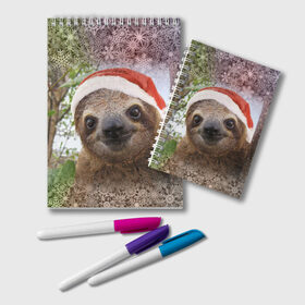 Блокнот с принтом Рождественский ленивец в Белгороде, 100% бумага | 48 листов, плотность листов — 60 г/м2, плотность картонной обложки — 250 г/м2. Листы скреплены удобной пружинной спиралью. Цвет линий — светло-серый
 | Тематика изображения на принте: джунгли | животное | ленивый | лень | новый год | рождество | снег | снежинки | тропики | улыбка | шапка