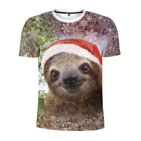 Мужская футболка 3D спортивная с принтом Рождественский ленивец в Белгороде, 100% полиэстер с улучшенными характеристиками | приталенный силуэт, круглая горловина, широкие плечи, сужается к линии бедра | джунгли | животное | ленивый | лень | новый год | рождество | снег | снежинки | тропики | улыбка | шапка