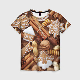 Женская футболка 3D с принтом Cinnamon в Белгороде, 100% полиэфир ( синтетическое хлопкоподобное полотно) | прямой крой, круглый вырез горловины, длина до линии бедер | выпечка | новый год | пряники | пряности | рождество