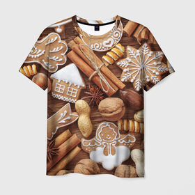 Мужская футболка 3D с принтом Cinnamon в Белгороде, 100% полиэфир | прямой крой, круглый вырез горловины, длина до линии бедер | Тематика изображения на принте: выпечка | новый год | пряники | пряности | рождество