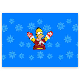 Поздравительная открытка с принтом Симпсоны новогодние 2 в Белгороде, 100% бумага | плотность бумаги 280 г/м2, матовая, на обратной стороне линовка и место для марки
 | simpsons | барт | барт симпсон | гомер | гомер симпсон | новый год | симпсоны | снег | снежинки
