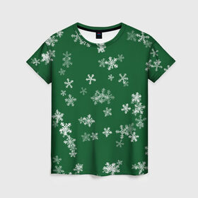 Женская футболка 3D с принтом Снежная феерия (зелёный) в Белгороде, 100% полиэфир ( синтетическое хлопкоподобное полотно) | прямой крой, круглый вырез горловины, длина до линии бедер | happy new year | блеск | ёлка | зима | конфетти | новый год | подарки | праздник | снег | снежинки