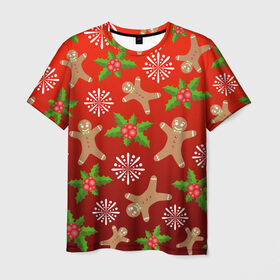 Мужская футболка 3D с принтом Новогодний узор в Белгороде, 100% полиэфир | прямой крой, круглый вырез горловины, длина до линии бедер | новогодний узор | новый год | омела | пряничный человечек | снежинка | узор