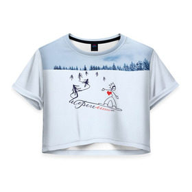 Женская футболка 3D укороченная с принтом Шерегеш в Белгороде, 100% полиэстер | круглая горловина, длина футболки до линии талии, рукава с отворотами | gesh | геш | лыжи | лыжник | сноуборд | шерегеш | шершавель