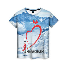 Женская футболка 3D с принтом Love Sheregesh в Белгороде, 100% полиэфир ( синтетическое хлопкоподобное полотно) | прямой крой, круглый вырез горловины, длина до линии бедер | gesh | геш | лыжи | лыжник | сноуборд | шерегеш | шершавель