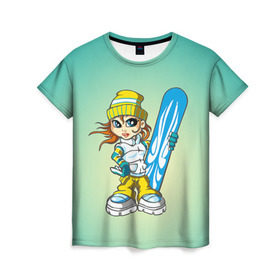 Женская футболка 3D с принтом Snowboard girl 1 в Белгороде, 100% полиэфир ( синтетическое хлопкоподобное полотно) | прямой крой, круглый вырез горловины, длина до линии бедер | extreme | girl | snowboard | девушка | сноуборд | экстрим