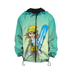 Детская куртка 3D с принтом Snowboard girl 1 в Белгороде, 100% полиэстер | застежка — молния, подол и капюшон оформлены резинкой с фиксаторами, по бокам — два кармана без застежек, один потайной карман на груди, плотность верхнего слоя — 90 г/м2; плотность флисового подклада — 260 г/м2 | extreme | girl | snowboard | девушка | сноуборд | экстрим