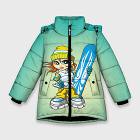 Зимняя куртка для девочек 3D с принтом Snowboard girl 1 в Белгороде, ткань верха — 100% полиэстер; подклад — 100% полиэстер, утеплитель — 100% полиэстер. | длина ниже бедра, удлиненная спинка, воротник стойка и отстегивающийся капюшон. Есть боковые карманы с листочкой на кнопках, утяжки по низу изделия и внутренний карман на молнии. 

Предусмотрены светоотражающий принт на спинке, радужный светоотражающий элемент на пуллере молнии и на резинке для утяжки. | extreme | girl | snowboard | девушка | сноуборд | экстрим