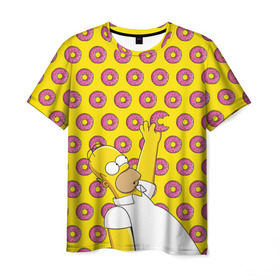 Мужская футболка 3D с принтом Пончики Гомера Симпсона в Белгороде, 100% полиэфир | прямой крой, круглый вырез горловины, длина до линии бедер | Тематика изображения на принте: donut | homer | simpson | гомер | еда | плюшка | пончик | симпсон