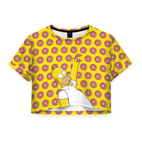 Женская футболка 3D укороченная с принтом Пончики Гомера Симпсона в Белгороде, 100% полиэстер | круглая горловина, длина футболки до линии талии, рукава с отворотами | donut | homer | simpson | гомер | еда | плюшка | пончик | симпсон