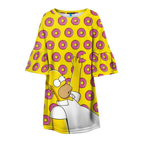 Детское платье 3D с принтом Пончики Гомера Симпсона в Белгороде, 100% полиэстер | прямой силуэт, чуть расширенный к низу. Круглая горловина, на рукавах — воланы | donut | homer | simpson | гомер | еда | плюшка | пончик | симпсон