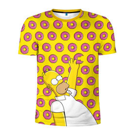 Мужская футболка 3D спортивная с принтом Пончики Гомера Симпсона в Белгороде, 100% полиэстер с улучшенными характеристиками | приталенный силуэт, круглая горловина, широкие плечи, сужается к линии бедра | Тематика изображения на принте: donut | homer | simpson | гомер | еда | плюшка | пончик | симпсон