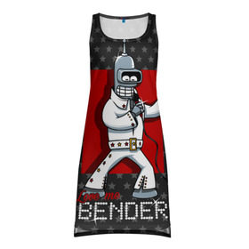 Платье-майка 3D с принтом Bender Presley в Белгороде, 100% полиэстер | полуприлегающий силуэт, широкие бретели, круглый вырез горловины, удлиненный подол сзади. | bender | elvis presley | fry | futurama | hermes | rock n roll | zoidberg | бендер | гермес | зойдберг | робот | рок н ролл | туранга | фрай | футурама | элвис пресли