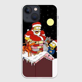 Чехол для iPhone 13 mini с принтом Симпсон   Санта Клаус в Белгороде,  |  | Тематика изображения на принте: bart | christmas | happy new year | homer simpson | the simpsons | барт | гомер | дед мороз | луна | новый год | олень | подарки | санта | снег | собака | сосульки