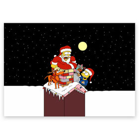 Поздравительная открытка с принтом Симпсон - Санта Клаус в Белгороде, 100% бумага | плотность бумаги 280 г/м2, матовая, на обратной стороне линовка и место для марки
 | bart | christmas | happy new year | homer simpson | the simpsons | барт | гомер | дед мороз | луна | новый год | олень | подарки | санта | снег | собака | сосульки