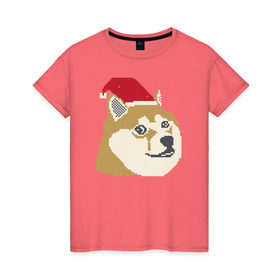 Женская футболка хлопок с принтом Doge новогодний в Белгороде, 100% хлопок | прямой крой, круглый вырез горловины, длина до линии бедер, слегка спущенное плечо | doge | doge новогодний | интернет приколы | новый год | подарок на новый год