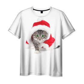 Мужская футболка 3D с принтом Новогодняя Киса в Белгороде, 100% полиэфир | прямой крой, круглый вырез горловины, длина до линии бедер | cat | christmas | new year | winter | дед мороз | зима | кисы | кошки | новый год | рождество