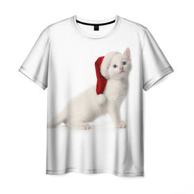 Мужская футболка 3D с принтом Киса в Шапочке в Белгороде, 100% полиэфир | прямой крой, круглый вырез горловины, длина до линии бедер | cat | christmas | new year | winter | дед мороз | зима | кисы | кошки | новый год | рождество