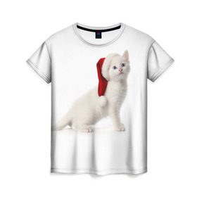 Женская футболка 3D с принтом Киса в Шапочке в Белгороде, 100% полиэфир ( синтетическое хлопкоподобное полотно) | прямой крой, круглый вырез горловины, длина до линии бедер | cat | christmas | new year | winter | дед мороз | зима | кисы | кошки | новый год | рождество