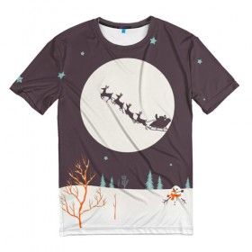 Мужская футболка 3D с принтом Олени Санты в Белгороде, 100% полиэфир | прямой крой, круглый вырез горловины, длина до линии бедер | christmas | new year | winter | дед мороз | зима | новый год | рождество