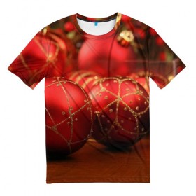 Мужская футболка 3D с принтом Красные украшения в Белгороде, 100% полиэфир | прямой крой, круглый вырез горловины, длина до линии бедер | Тематика изображения на принте: елка | игрушки | красный | новый год | праздник | украшения