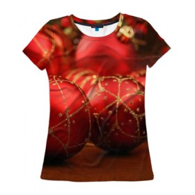 Женская футболка 3D с принтом Красные украшения в Белгороде, 100% полиэфир ( синтетическое хлопкоподобное полотно) | прямой крой, круглый вырез горловины, длина до линии бедер | Тематика изображения на принте: елка | игрушки | красный | новый год | праздник | украшения