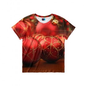 Детская футболка 3D с принтом Красные украшения в Белгороде, 100% гипоаллергенный полиэфир | прямой крой, круглый вырез горловины, длина до линии бедер, чуть спущенное плечо, ткань немного тянется | елка | игрушки | красный | новый год | праздник | украшения
