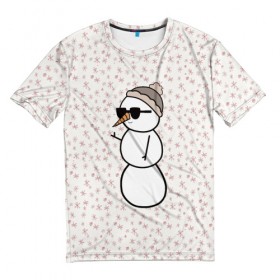 Мужская футболка 3D с принтом Крутой снеговик 2 в Белгороде, 100% полиэфир | прямой крой, круглый вырез горловины, длина до линии бедер | зима | новогодний | очки | паттерн | рождество | снежинки