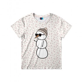 Детская футболка 3D с принтом Крутой снеговик 2 в Белгороде, 100% гипоаллергенный полиэфир | прямой крой, круглый вырез горловины, длина до линии бедер, чуть спущенное плечо, ткань немного тянется | зима | новогодний | очки | паттерн | рождество | снежинки