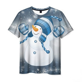 Мужская футболка 3D с принтом С Новым годом! в Белгороде, 100% полиэфир | прямой крой, круглый вырез горловины, длина до линии бедер | рождество | снеговик | снежинки